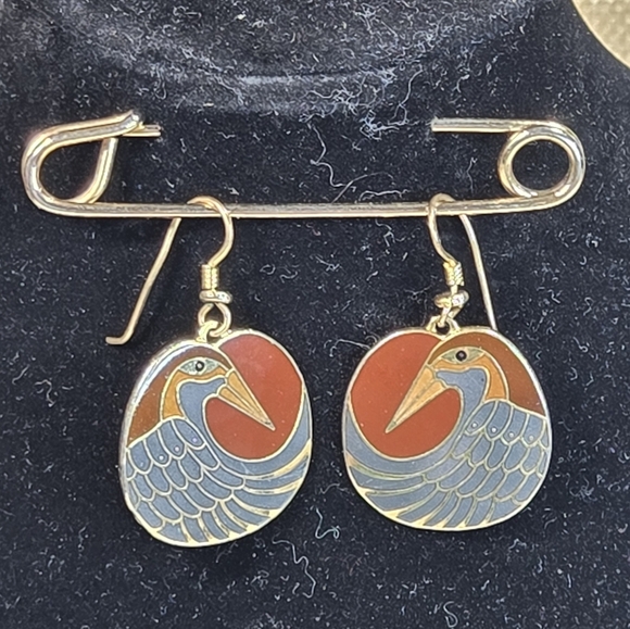 Vintage Laurel Burch Nile Bird Cloisonne Goldtone Fishhook Earring Dark Red Blue - Picture 4 of 5